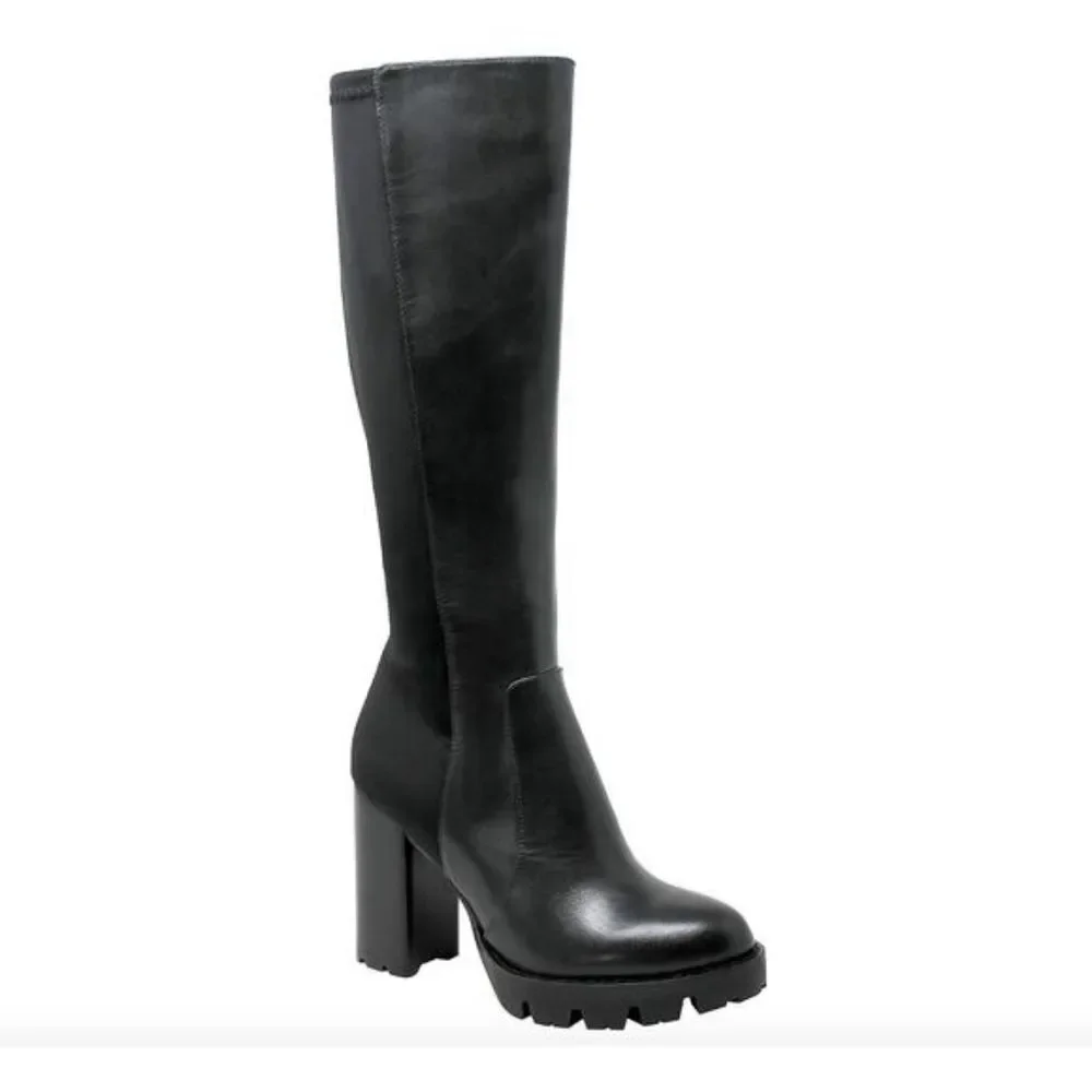 Charles David Gala Leather Tall Pointed Toe Lug Sole Block Heel Boot in Black